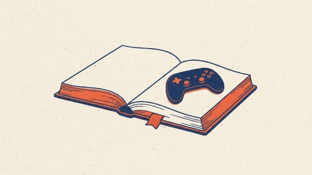 開いた参考書の上にゲームのコントローラーが置かれ、ページの間からしおりが1本垂れているイラスト